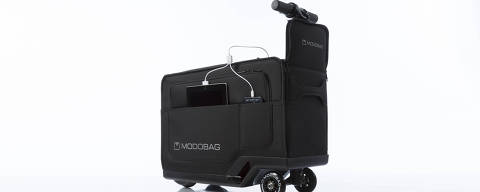 A Modobag, mala inteligente que carrega o dono por até 9,6 km; US$ 1.495 (R$ 5.780) no site modobag.com (não entregam no Brasil) 