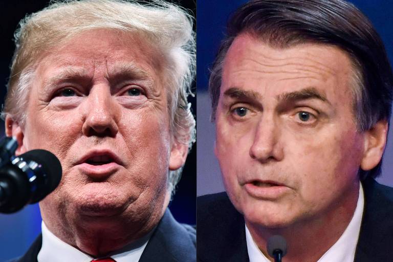 Combinação de imagens de Donald Trump, durante convenção em Orlando, e Jair Bolsonaro, durante o primeiro debate na corrida presidencial em 2018