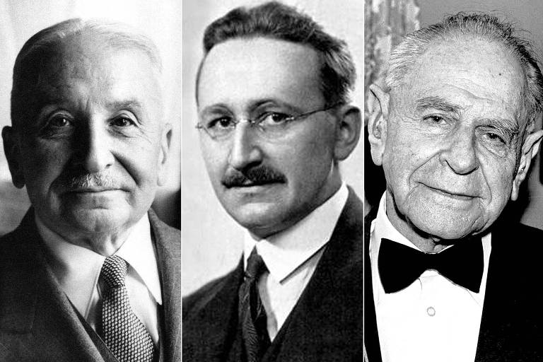 Da esq. para a dir., Ludwig von Mises, Friedrich Hayek e Karl Popper
