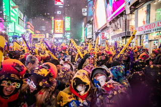 Revelers celebrate New Year's Eve in Times Square in Manhattan