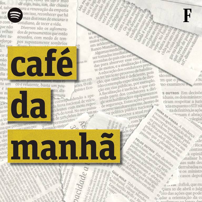 Imagem de capa do podcast Café da Manhã, com o nome do programa escrito sobre vários recortes de jornais. Logos de  Spotify e Folha de S.Paulo podem ser vistos nos cantos