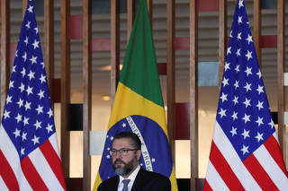 Brazil's Foreign Minister Ernesto Araujo attends a news conference with U.S. Secretary of State Mike Pompeo at Itamaraty Palace in Brasilia