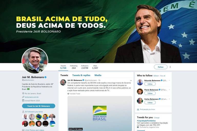 Página do presidente da República, Jair Bolsonaro, no Twitter