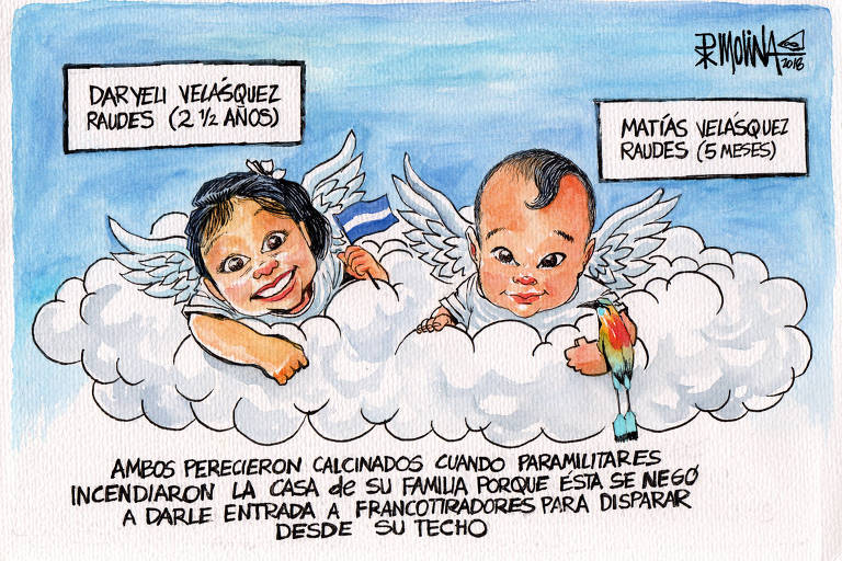 Desenho do cartunista nicaraguense Pedro Molina mostra crianças mortas em incêndio provocado por paramilitares na Nicarágua
