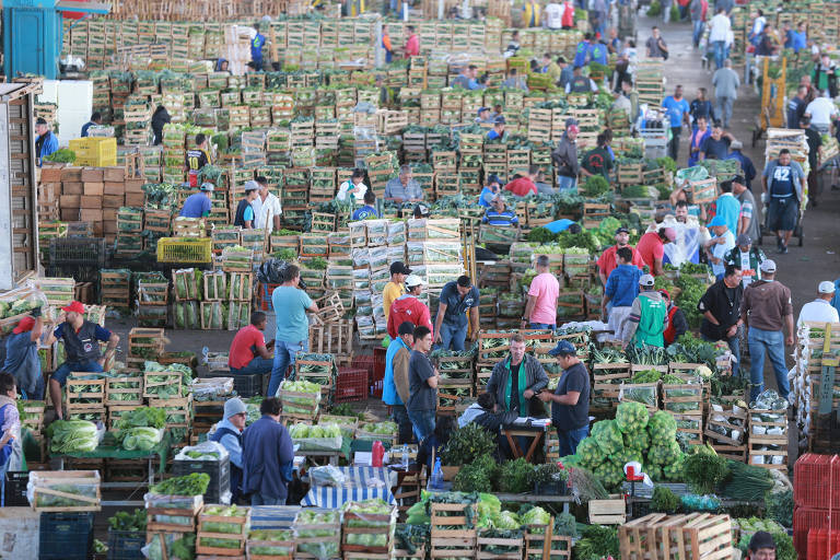 Trabalhadores do Ceagesp descarregam caixas de hortaliças no Ceagesp