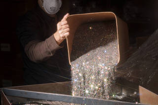 Aluminum metalized polyethylene terephthalate, better known as glitter, is packaged at Glitterex in Cranford, N.J.
