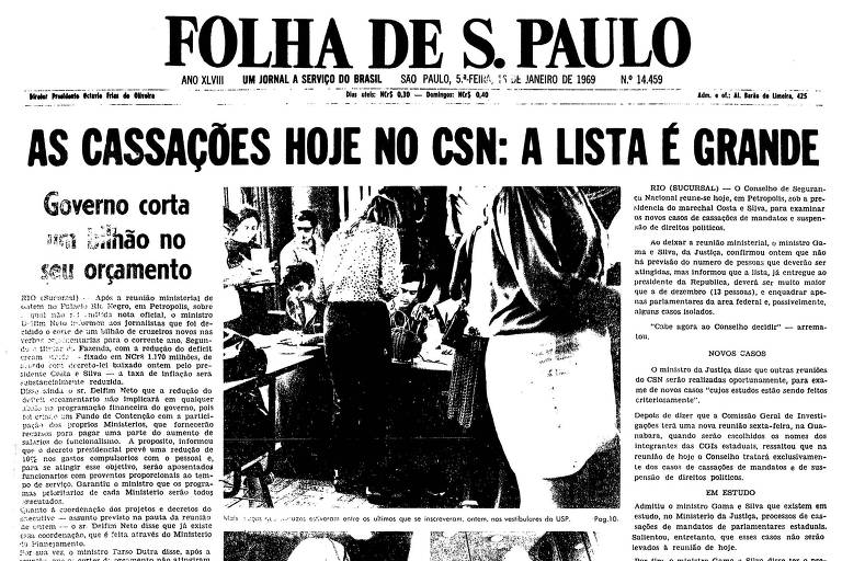 Primeira página da Folha de S.Paulo de 16 de janeiro de 1969