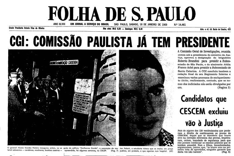 Primeira página da Folha de S.Paulo publicada em 18 de janeiro de 1969