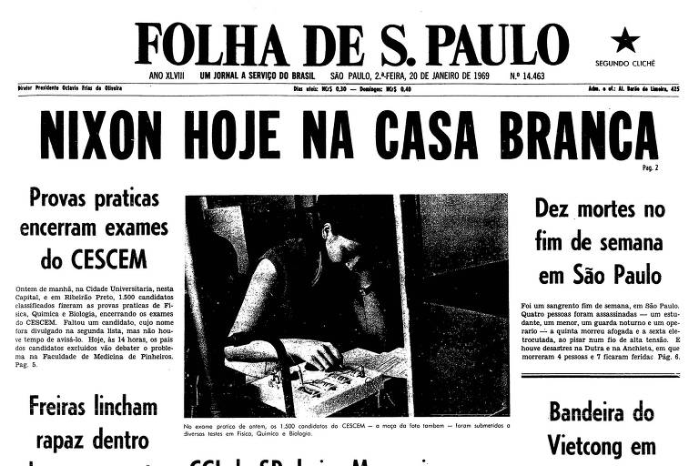 Primeira página da Folha de S.Paulo publicada em 20 de janeiro de 1969