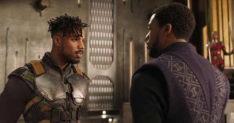 Michael B. Jordan e Chadwick Boseman em cena de 'Pantera Negra', de Ryan Coogler
