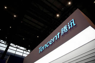 FILE PHOTO: A sign of Tencent is seen during the fourth World Internet Conference in Wuzhen