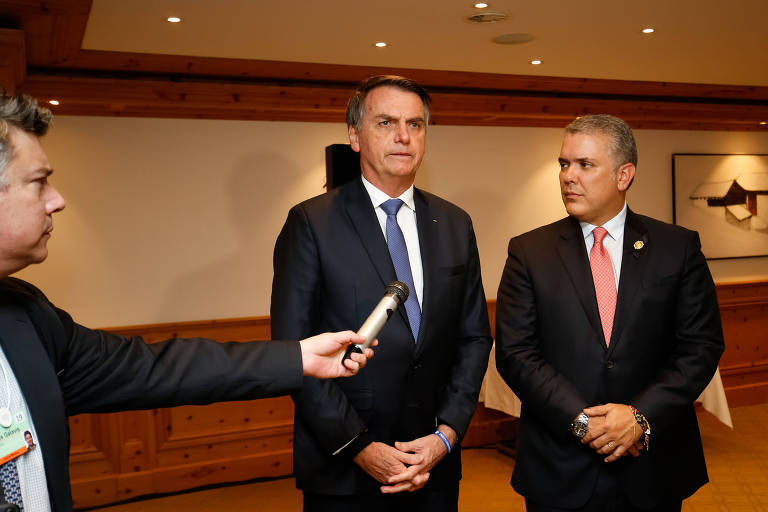 O presidente Jair Bolsonaro, durante reunião bilateral com o presidente da Colômbia, Iván Duque, em Davos
