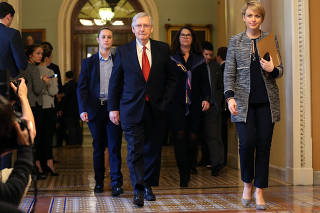 U.S. Senate Majority Leader Mitch McConnell (R-KY) leaves the Senate floor and walks back to his office on Capitol Hill in Washington, U.S.