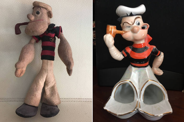 Um boneco e um cinzeiro de Popeye dos anos 1940 representando o Flamengo