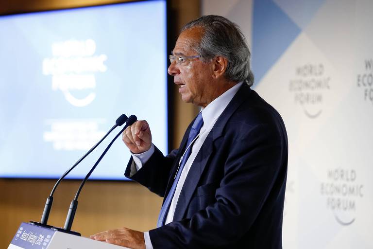 Ministro da Economia Paulo Guedes discursa no Fórum Econômico Mundial em Davos, na Suíça