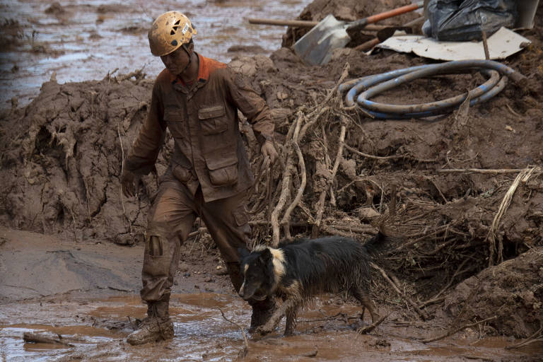 Bombeiro e cão farejador buscam vítimas do rompimento de barragem em Brumadinho
