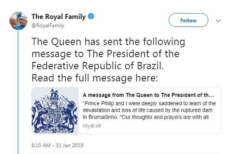 Rainha Elizabeth publicou uma nota em solidariedade às vítimas de Brumadinho (MG)