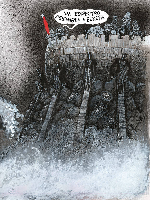 Desenho da adaptação em HQ do 'Manifesto Comunista, feita por Martin Rowson, que a Veneta lança em março