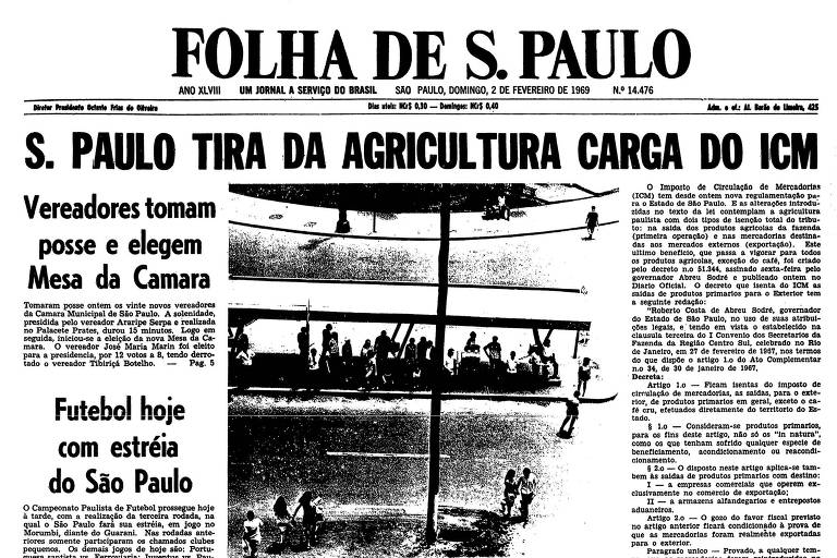 Primeira página da Folha de S.Paulo publicada em 2 de fevereiro de 1969