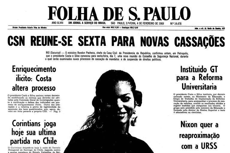 Primeira página da Folha de S.Paulo publicada em 4 de fevereiro de 1969