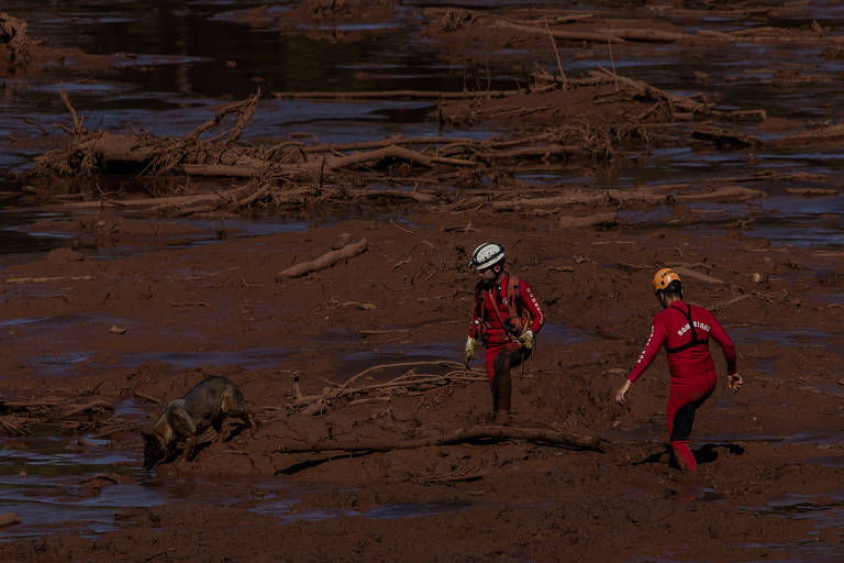 Bombeiros fazem busca por corpos em lama na região de Brumadinho, região metropolitana do estado de Minas Gerais. Barragem da Vale, da mina Córrego do Feijão, rompeu na sexta-feira (25)