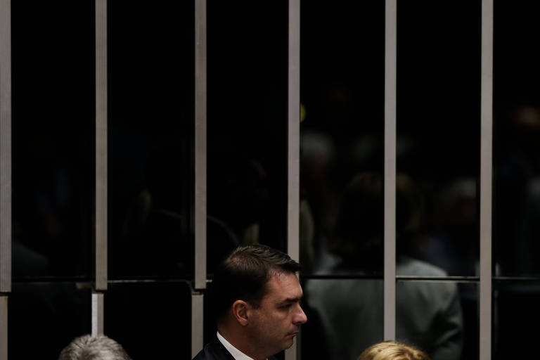 O senador Flávio Bolsonaro (PSL-RJ) durante votação para presidente do Senado. Na primeira ele não declarou seu voto, mas na segunda votação declarou voto em Davi Alcolumbre (DEM-AP), causando ira de Renan Calheiros (MDB-AL), que pouco depois anunciou sua renúncia à candidatura