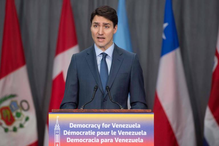 O premiê canadense, Justin Trudeau, faz o discurso de abertura do encontro do Grupo de Lima em Ottawa, no Canadá