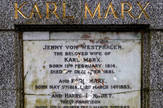 A memorial to German philosopher Karl Marx is seen after it was vandalised at Highgate Cemetery in north London