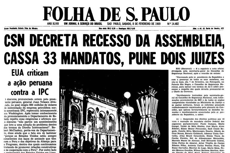 Primeira página da Folha de S.Paulo publicada em 8 de fevereiro de 1969