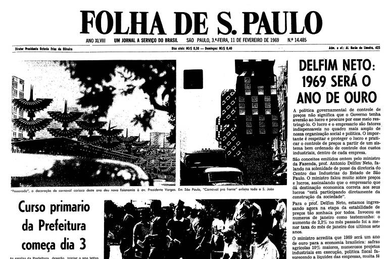 Primeira página da Folha de S.Paulo de 11 de fevereiro de 1969