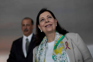 Venezuelan opposition representative Belandria, who was received as her country's official ambassador to Brazil, attends a news conference in Brasilia