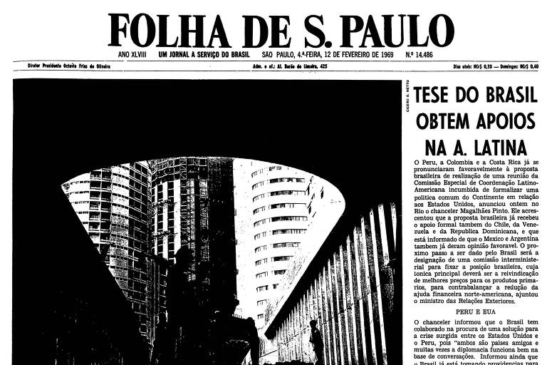 Primeira página da Folha de S.Paulo de 12 de fevereiro de 1969