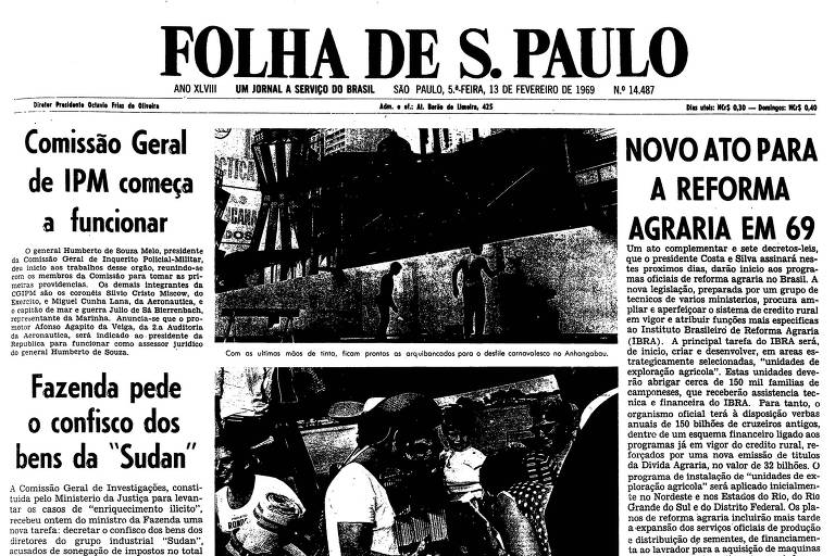Primeira página da Folha de S.Paulo publicada em 13 de fevereiro de 1969