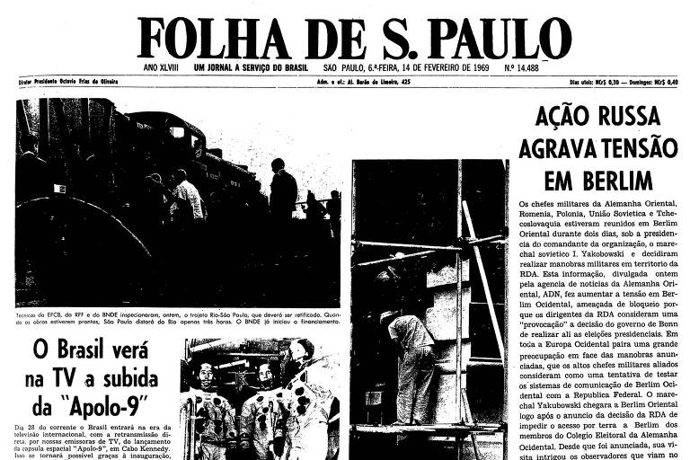 Primeira página da Folha de S.Paulo de 14 de fevereiro de 1969