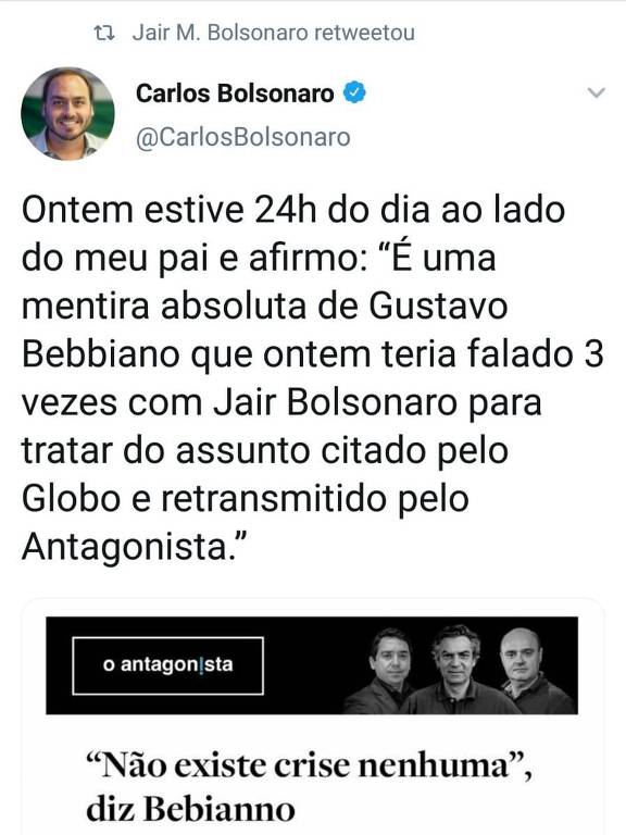 Reprodução de retuíte de Jair Bolsonaro; ele compartilhou publicação do filho Carlos com crítica a declaração de ministro