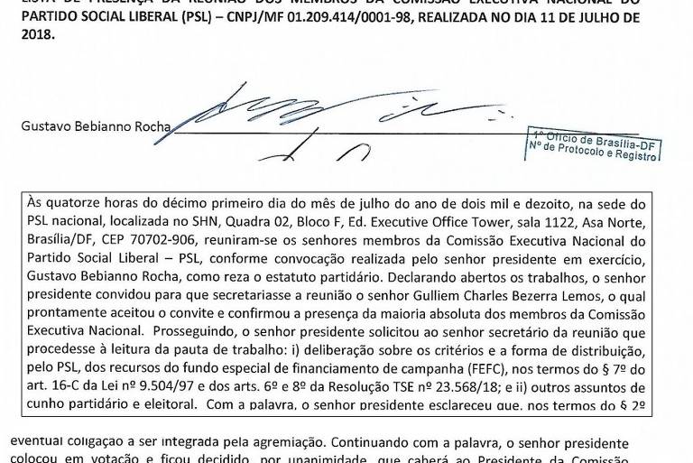 Trechos de ata do PSL antes da campanha de 2018 que mencionam o hoje ministro Gustavo Bebianno dando aval para repasses a candidaturas laranjas no PSL