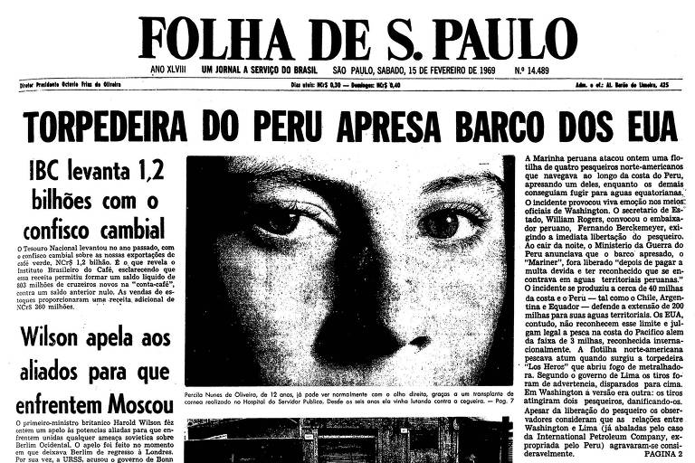 Primeira página da Folha de S.Paulo publicada em 15 de fevereiro de 1969