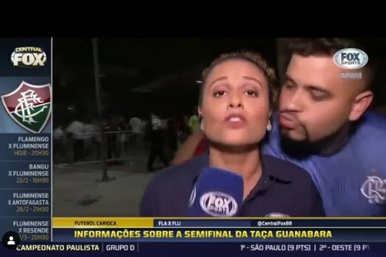 Repórter Karine Alves foi surpreendida durante cobertura do clássico Flamengo e Fluminense, no Maracanã, em 2019