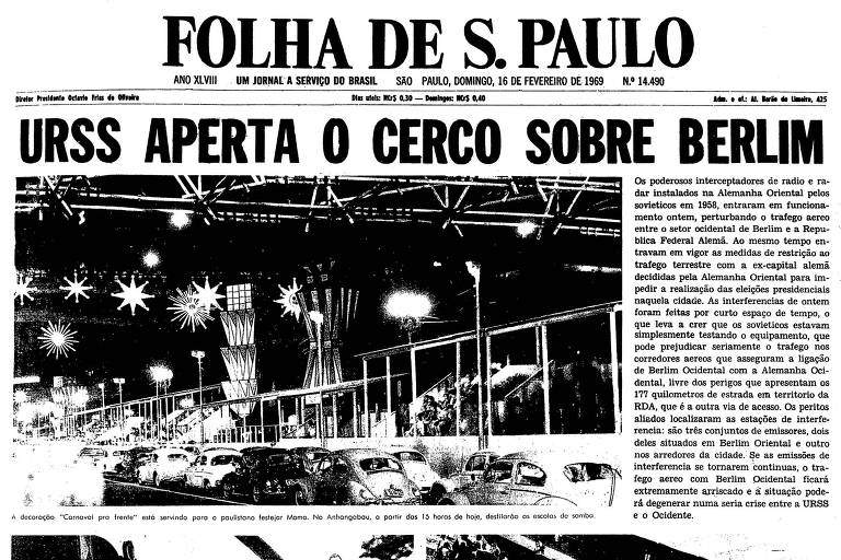 Primeira página da Folha de S.Paulo publicada em 16 de fevereiro de 1969
