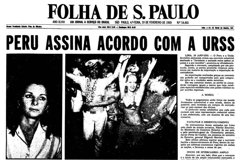 Primeira página da Folha de S.Paulo publicada em 19 de fevereiro de 1969 