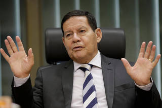Brazil's Vice President Hamilton Mourao gestures during an interview with Reuters in Brasilia