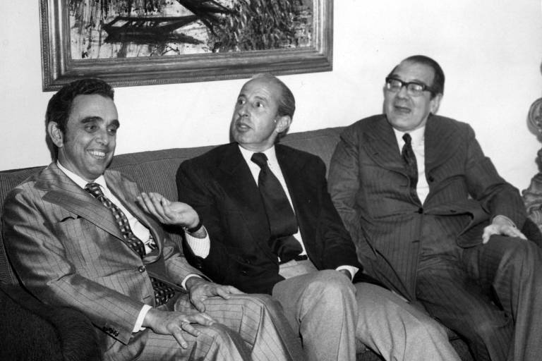 Da esq. para dir., o ambientalista Paulo Nogueira Neto, Olavo Egydio Setúbal e Thomaz Magalhães, em 1975