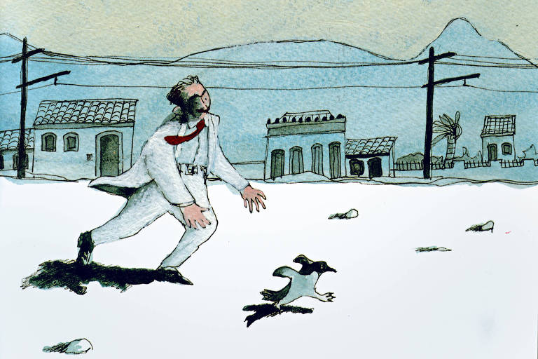 Ilustração de Nelson Cruz em ‘O Pinguim que Andou de Bonde’, inspirado em trecho de uma carta de Monteiro Lobato, na qual o autor contava ter encontrado um pinguim de asa quebrada