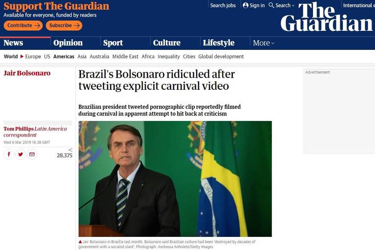 "Bolsonaro ridicularizado após tuitar vídeo carnavalesco explícito", afirma título de reportagem do jornal britânico The Guardian