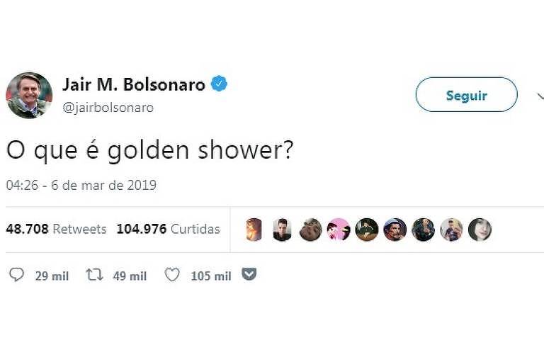 Reprodução de tuite do presidente Jair Bolsonaro de 6 de março de 2019 em que ele pergunta: "O que é golden shower?"
