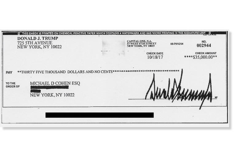 In an undated handout image, one of six checks provided to The New York Times. The account number on every check has been redacted. (Handout via The New York Times) -- NO SALES; FOR EDITORIAL USE ONLY WITH NYT STORY TRUMP PAYMENTS BY PETER BAKER AND MAGGIE HABERMAN FOR MARCH 5, 2019. ALL OTHER USE PROHIBITED. --