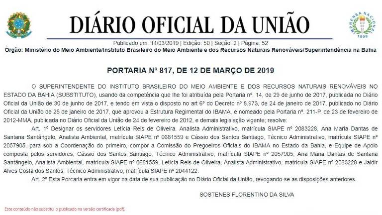 Imagem do Diário Oficial