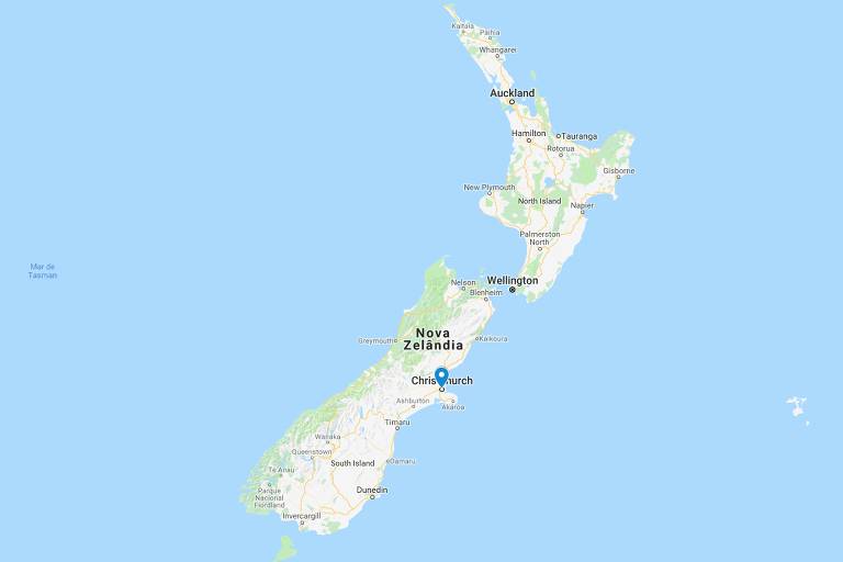 Mapa mostra a localização de Christchurch, Nova Zelândia