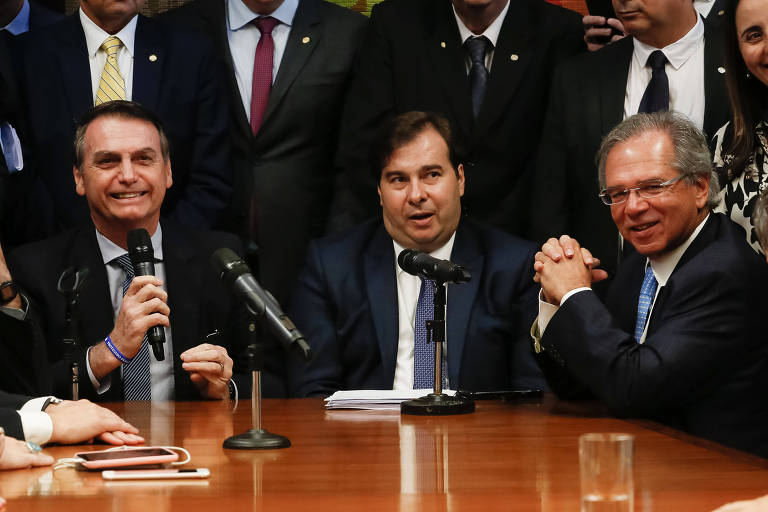 O presidente da República, Jair Bolsonaro, o presidente da Câmara, Rodrigo Maia, e o ministro da Economia, Paulo Guedes