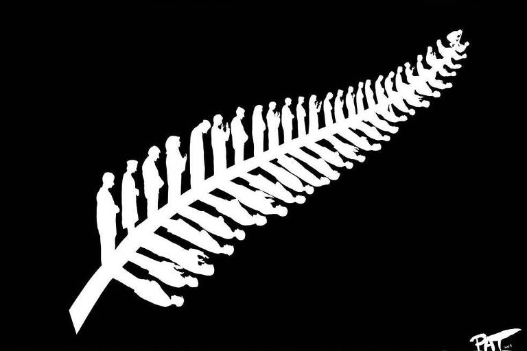 Ilustração feita por Pat Campbell usa a samambaia de prata da Nova Zelândia com muçulmanos em oração